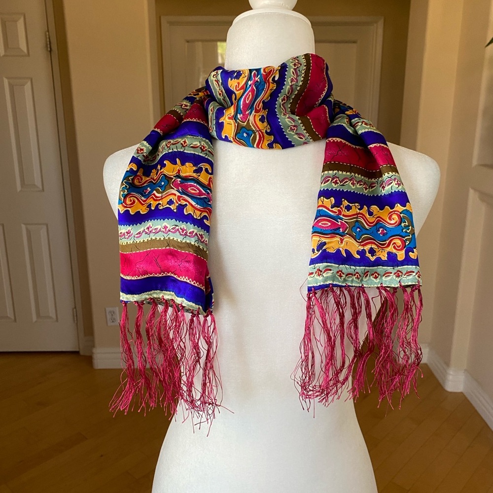 Vibrant Silk Paisley Scarf with Fringe